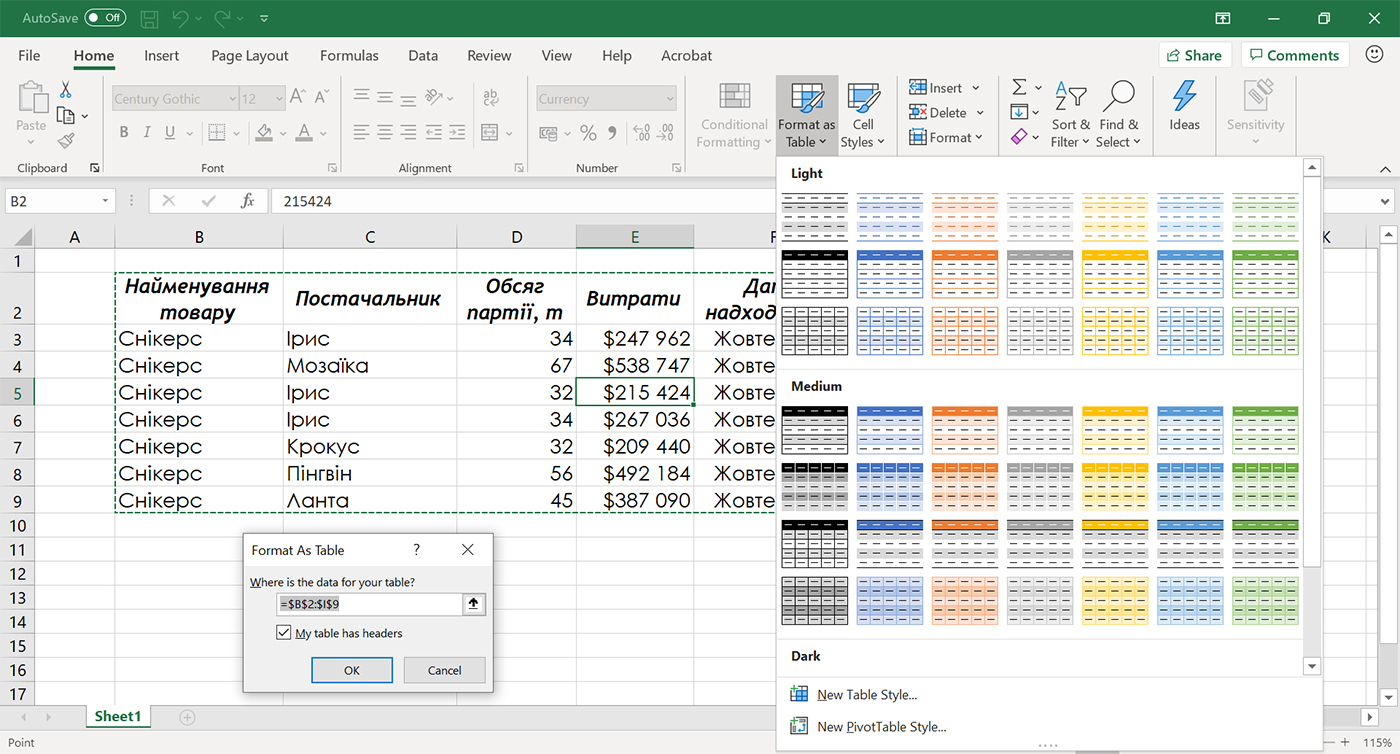 Створення таблиці Excel