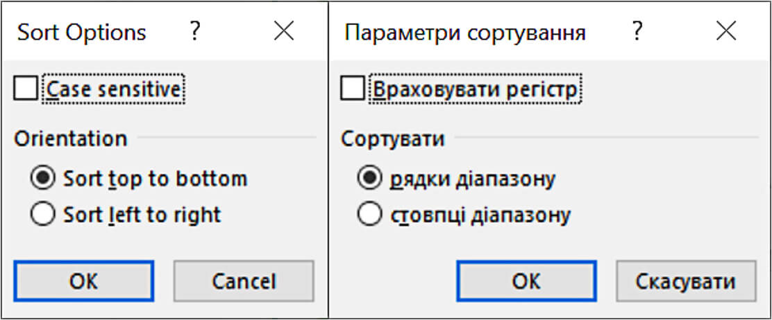 Параетри сортування